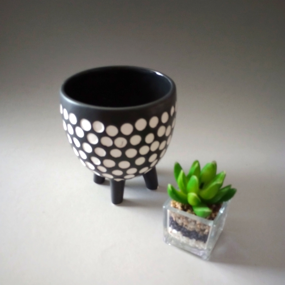 Vase for plants dots black and white ceramic new